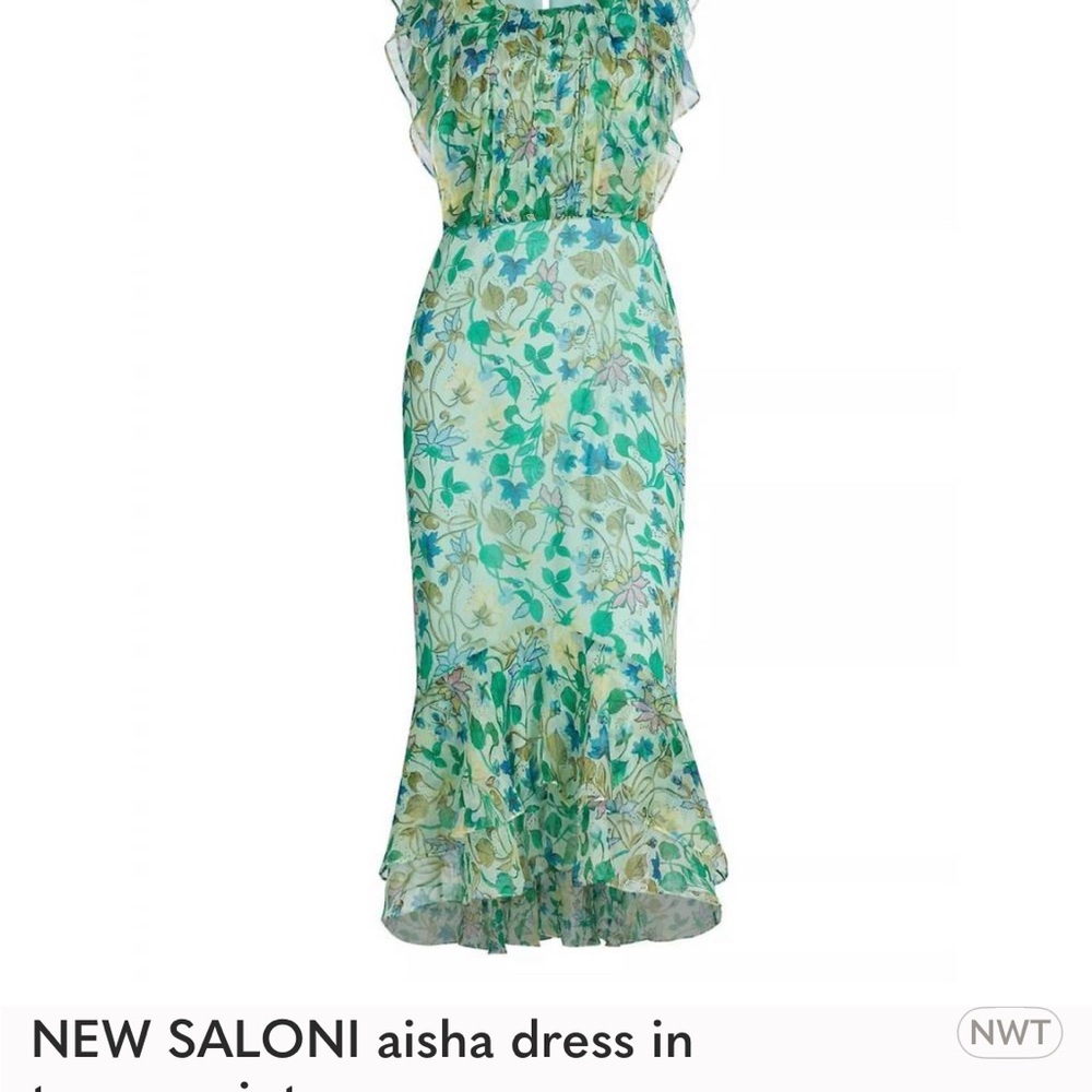 SALONI Floral Midi Dress in Green & Blue